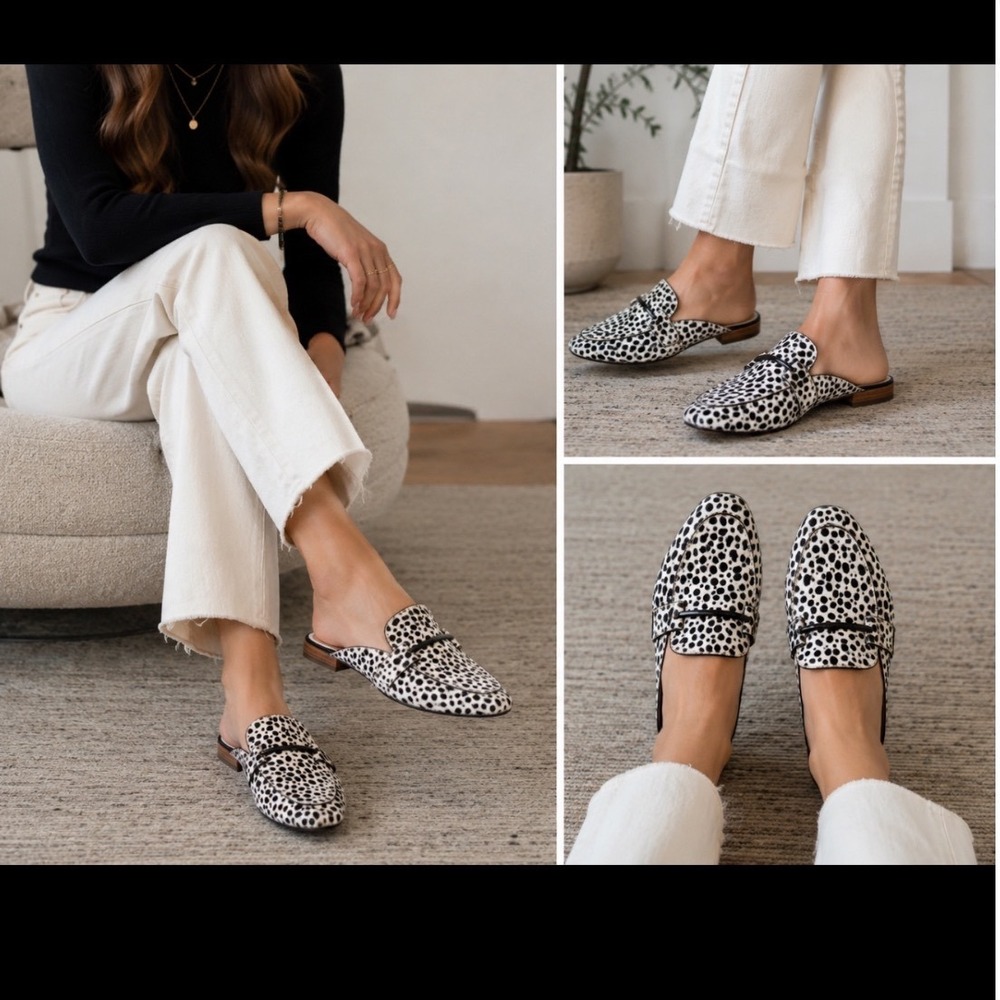 Linea Paolo Womens 9.5M Spotted Calf Hair Mule Loafers Black White Pointed Toe